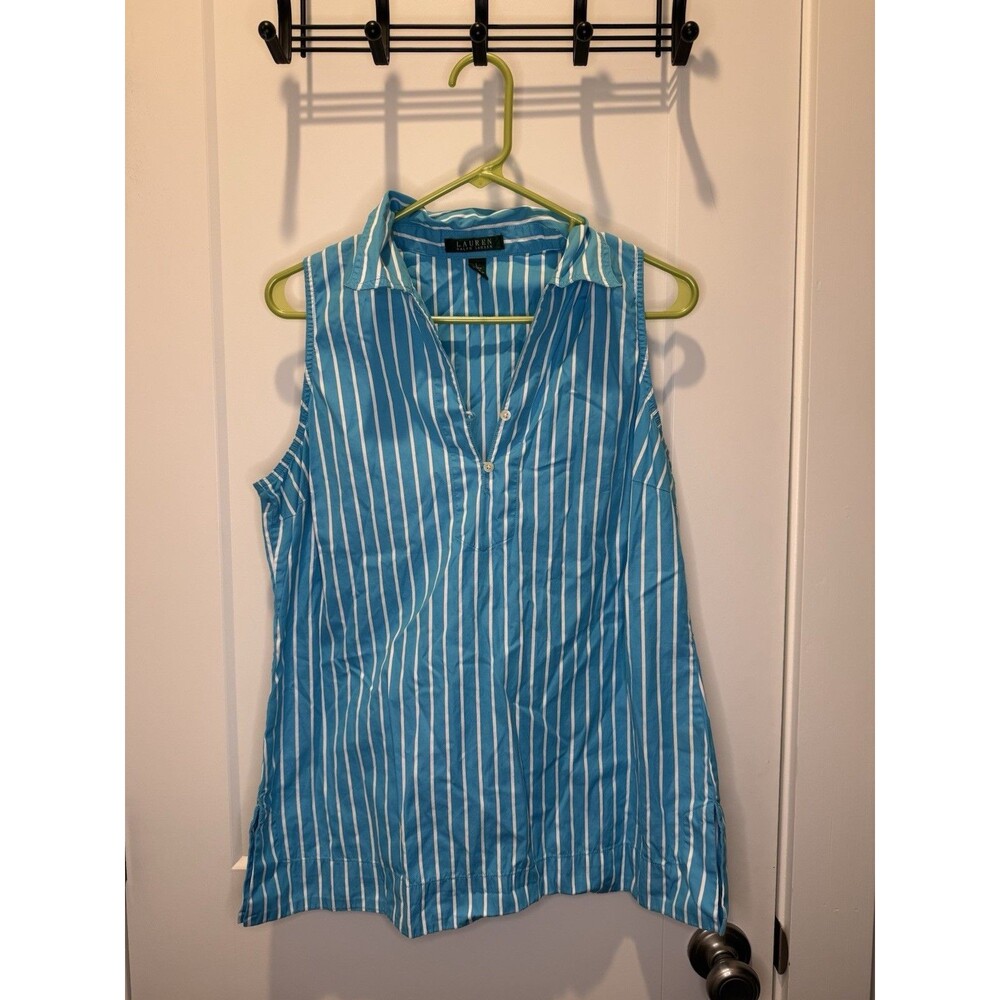 Lauren Ralph Lauren Striped Sleeveless Top Women L Blue White Cotton Preppy Chic